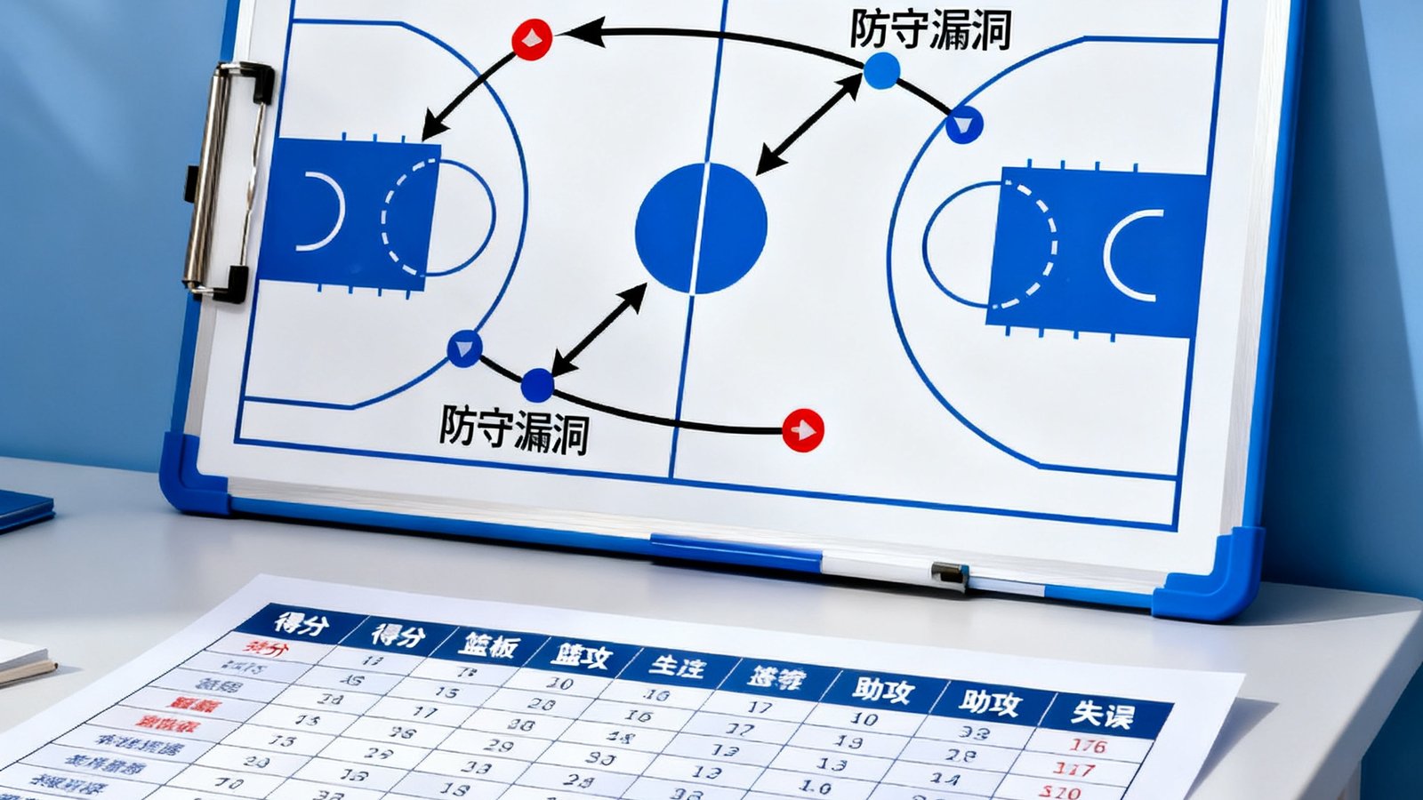 NBA季后赛深度复盘文章配图，战术板上用箭头和标记详细标注了关键回合的跑位路线和防守漏洞，旁边放着比赛数据统计表