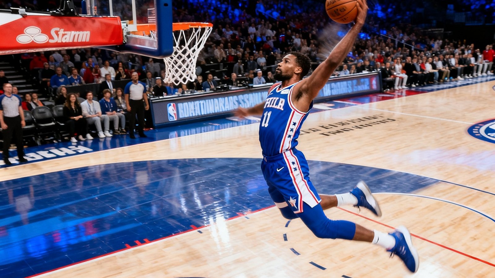 NBA全明星扣篮大赛中选手从罚球线起跳完成一记风车灌篮，身体在空中完全舒展，篮球被狠狠砸入篮筐的瞬间被高速摄像机捕捉