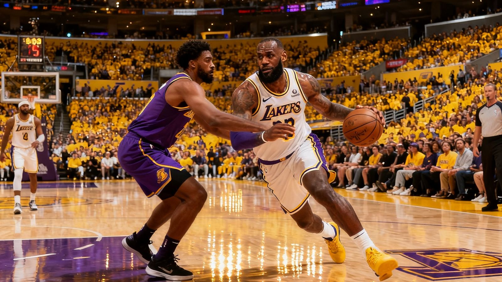 NBA季后赛现场，湖人队主场斯台普斯中心座无虚席，球场地板反光映射出璀璨灯光，观众席形成金黄与紫色交织的海洋，詹姆斯正在持球突破防守球员