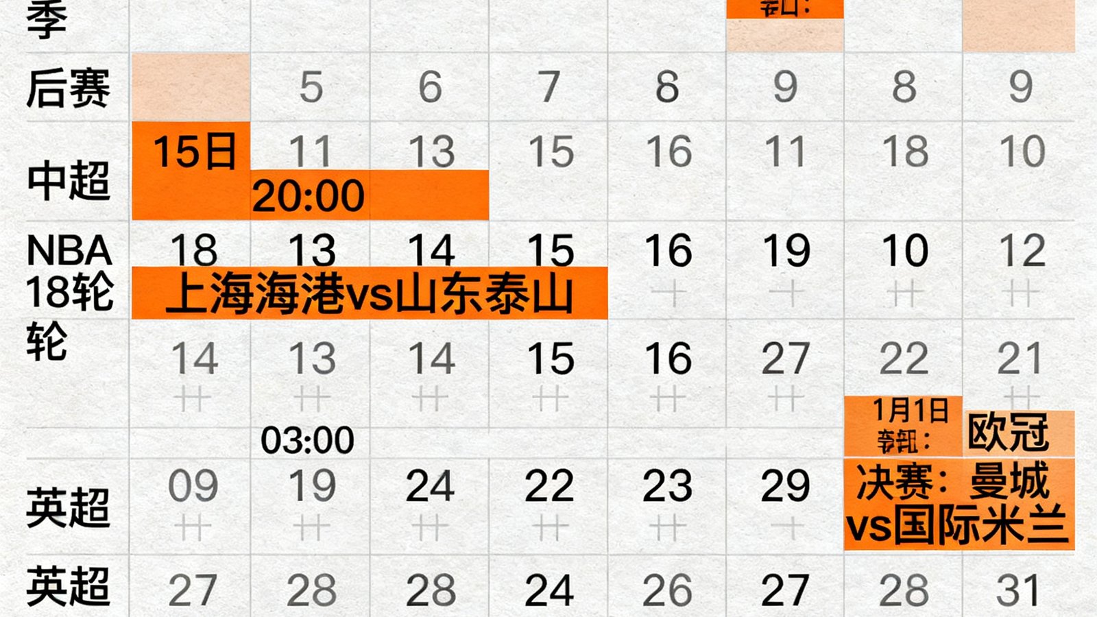 七月份完整赛程日历展示，包含NBA季后赛、英超、中超、欧冠等多项赛事的时间安排表，日期从7月14日排列至7月31日，重要比赛用橙色高亮标记